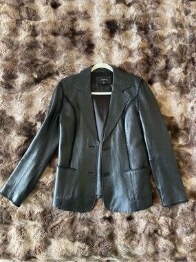 Lafayette 148 New York Black Leather Blazer with Contrast Stitching